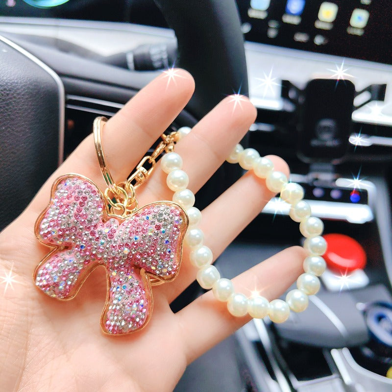 Wholesale Full Diamond Bow Car Creative Pearl Bracelet Keychains